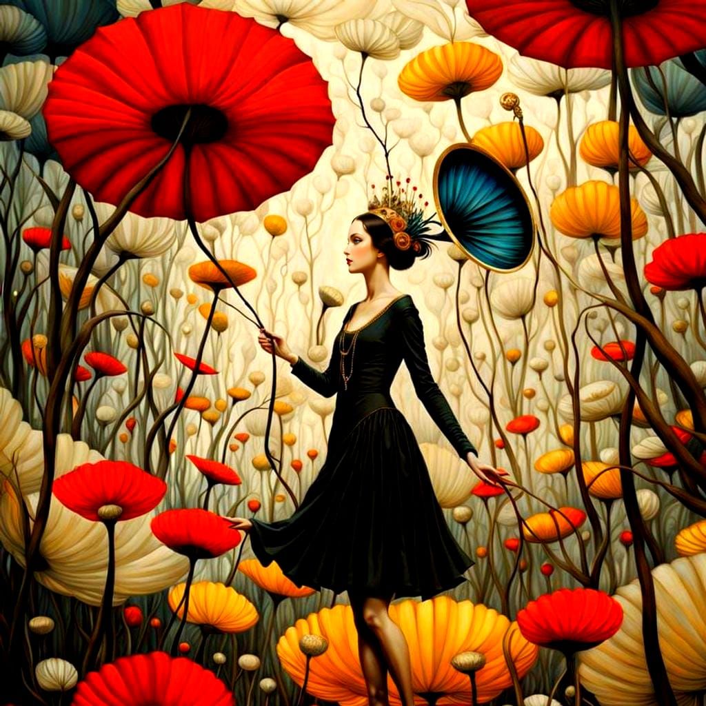 Elegant Woman in Surrealist Style Background