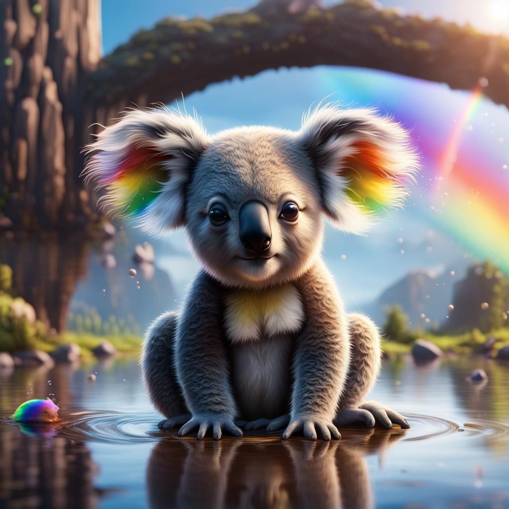 A baby koala, staring at its reflection in a puddle, with a ...