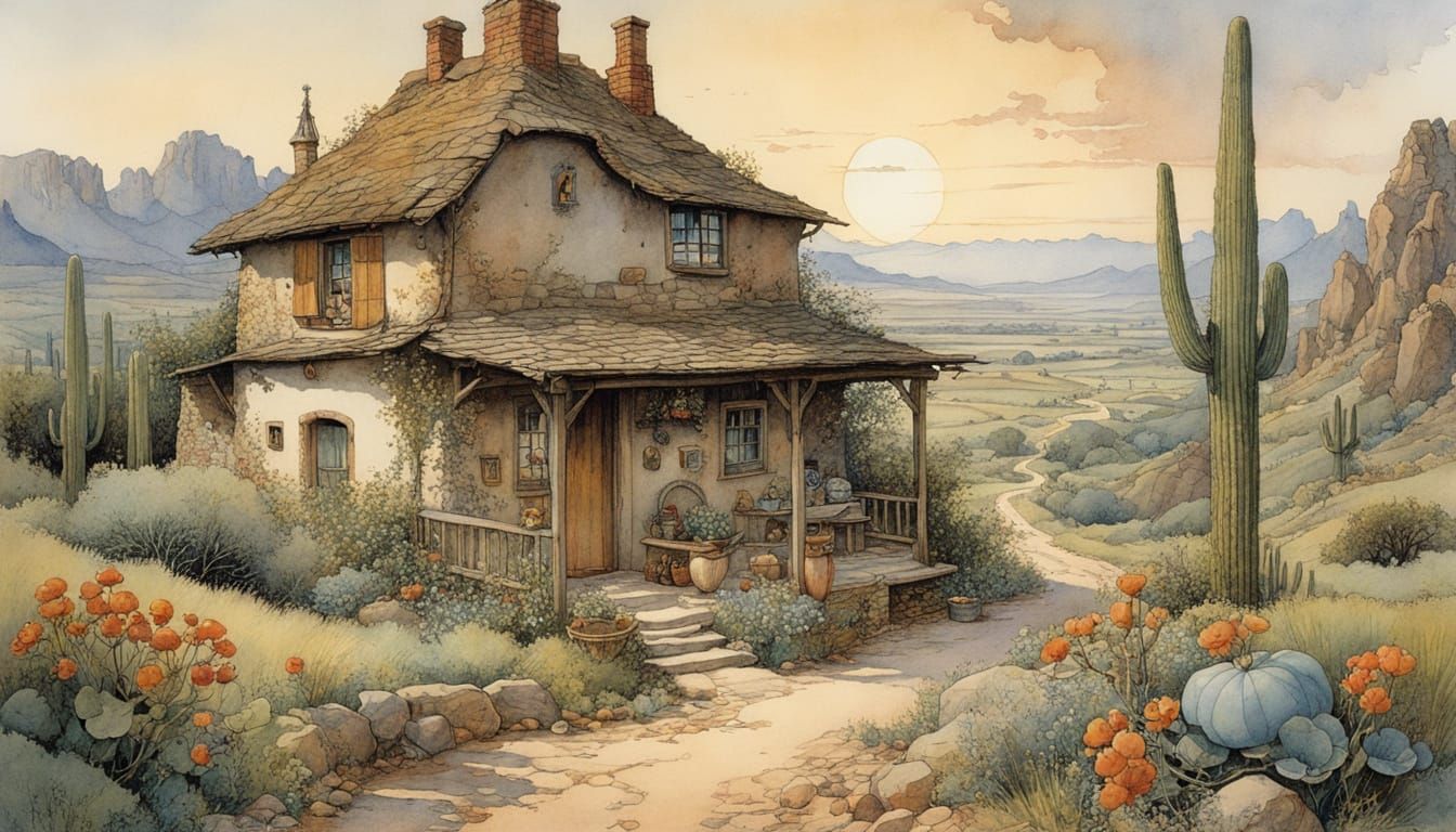 Arizona Night Scene in Storybook Illustration Style