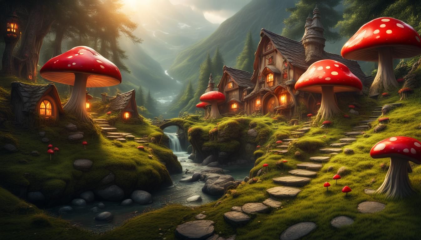 fairies in a fairy village hidden in a mountain forest valley surrouned by bright green mossy hobbit-like ...  by @martymcmusic