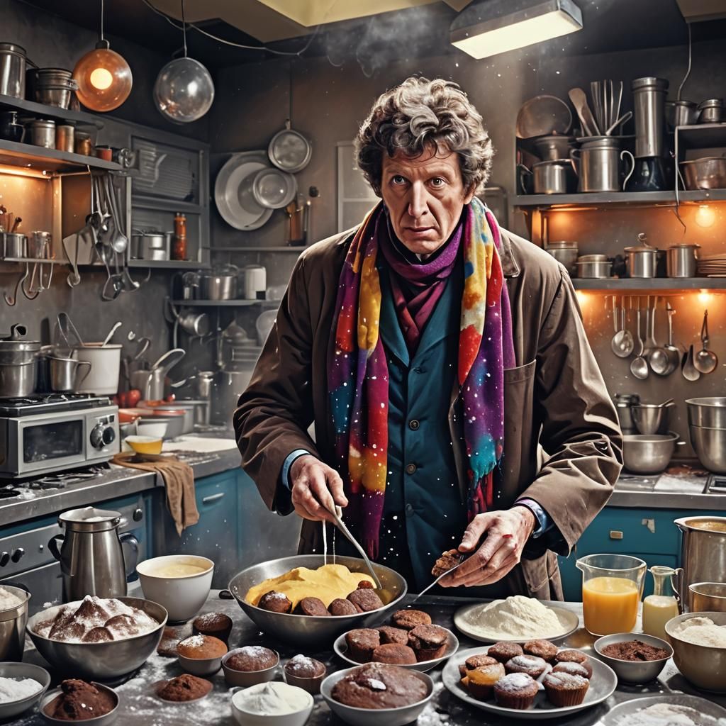 The Fourth Doctor making cakes in the TARDIS kitchen