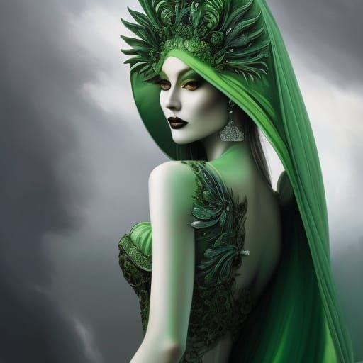 Full Body Noir painting of a beautiful pale green Alien Woma...