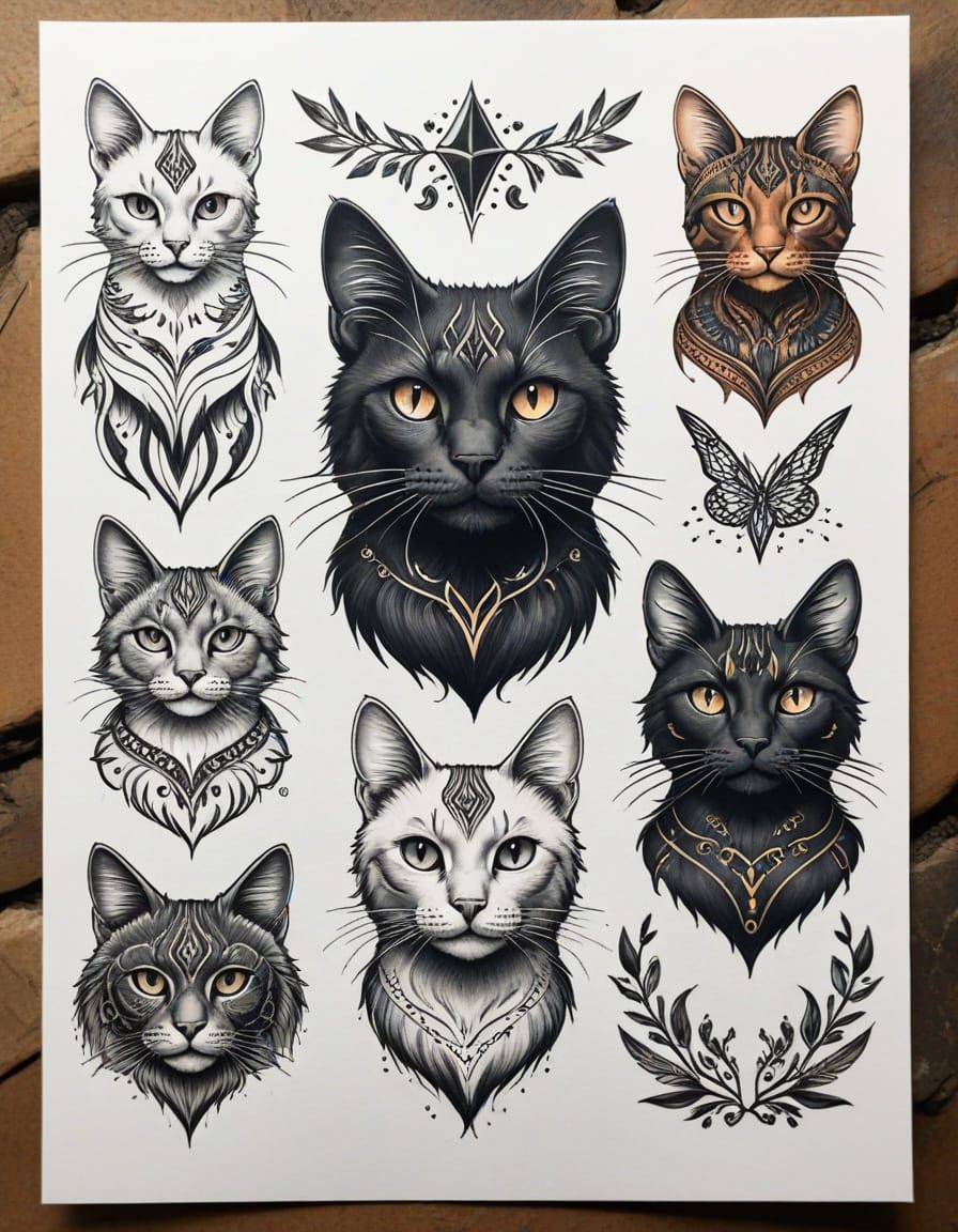 Flash tattoo sheet featuring cat tattoos.  by @Terra