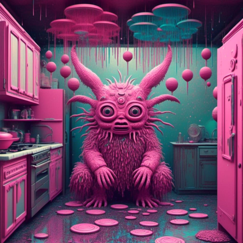 <lora:Pink Room:1.0>
Dreamcore: Binary codes raining in Technicolor style vintage kitchen,  pink retro-looking creature. 8k resolution holog...