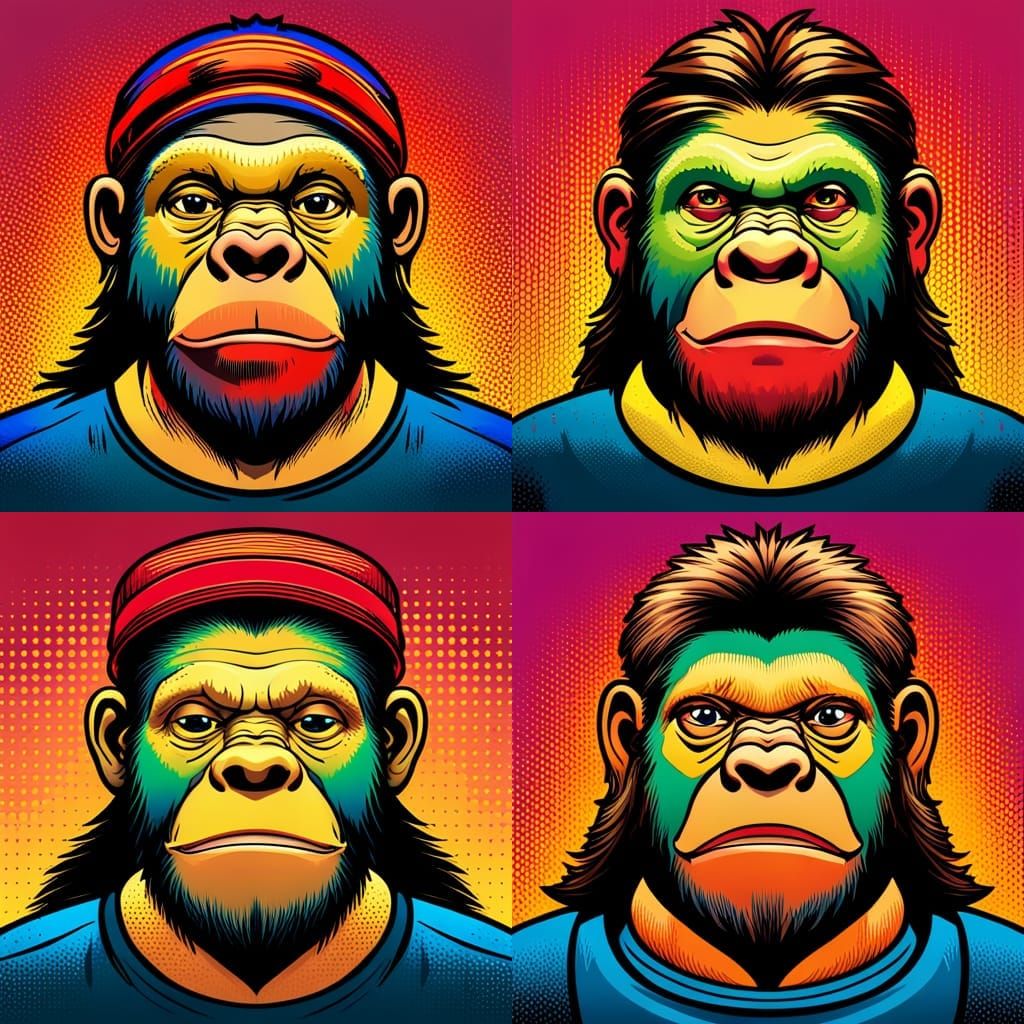 portrait of pop art cartoon Ape with a randomized, unique clothing ...