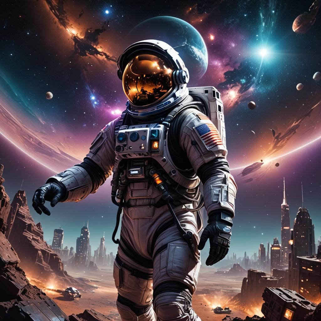 Astronaut in Space Reflecting Mars, Earth Night View