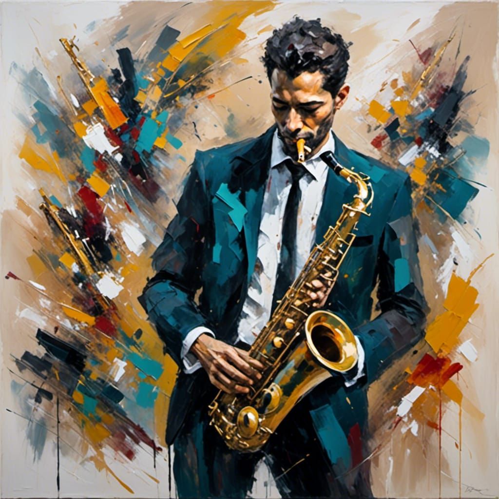 <lora:Lyrical abstraction:1.0>  A handsome man in a snazzy suit playing the saxophone, volumetric lighting, lyrical abstraction  