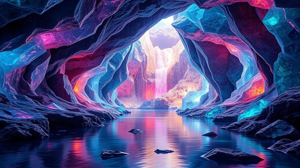 A majestic crystal cave, with a stream flowing at the bottom, and light refracted by the crystal roof.

Meticulous detail, intricate detail,...