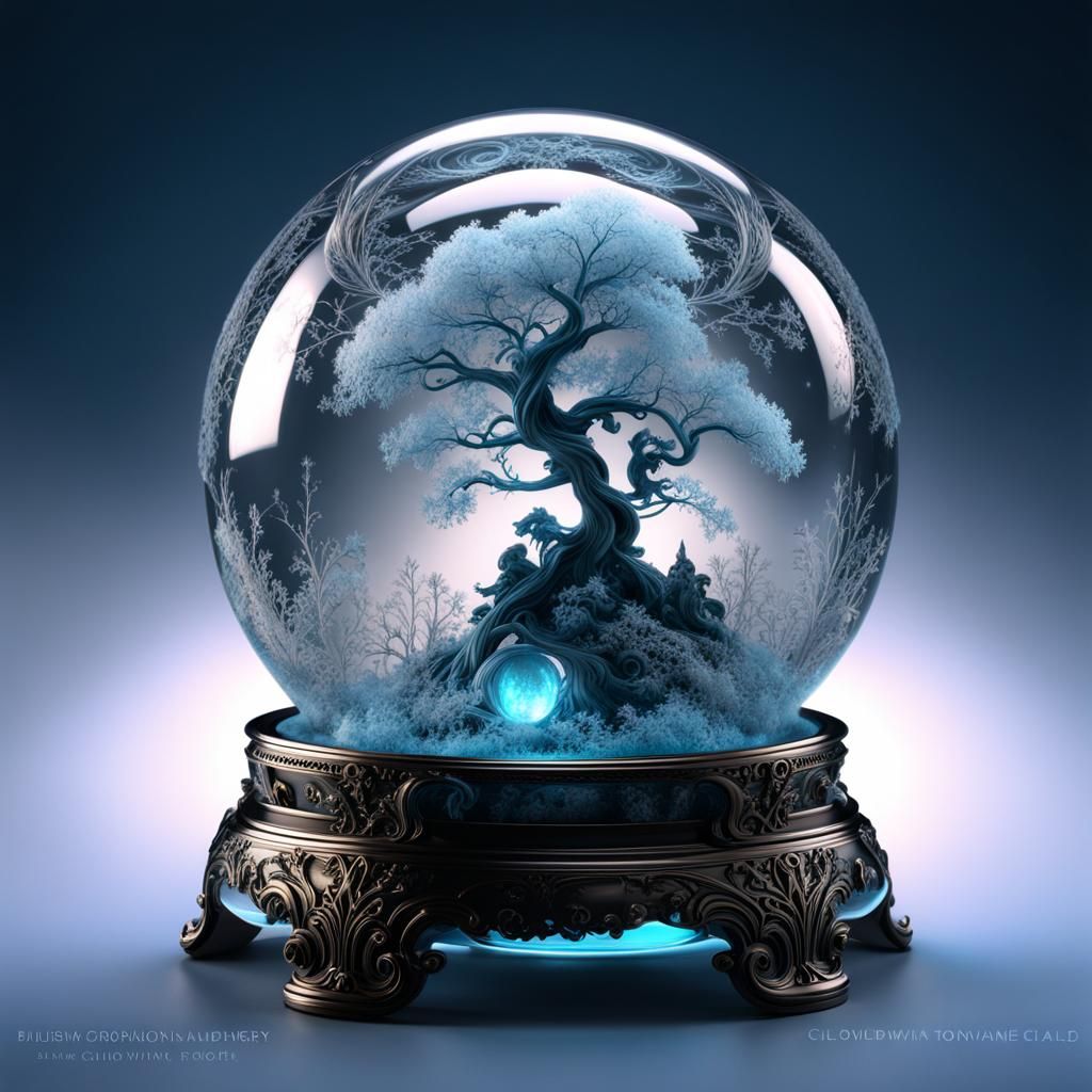 Insane depth, a delicate glass snowglobe containing miniature living winter world, smoking with cosmic ...  by @Juxtaposed
