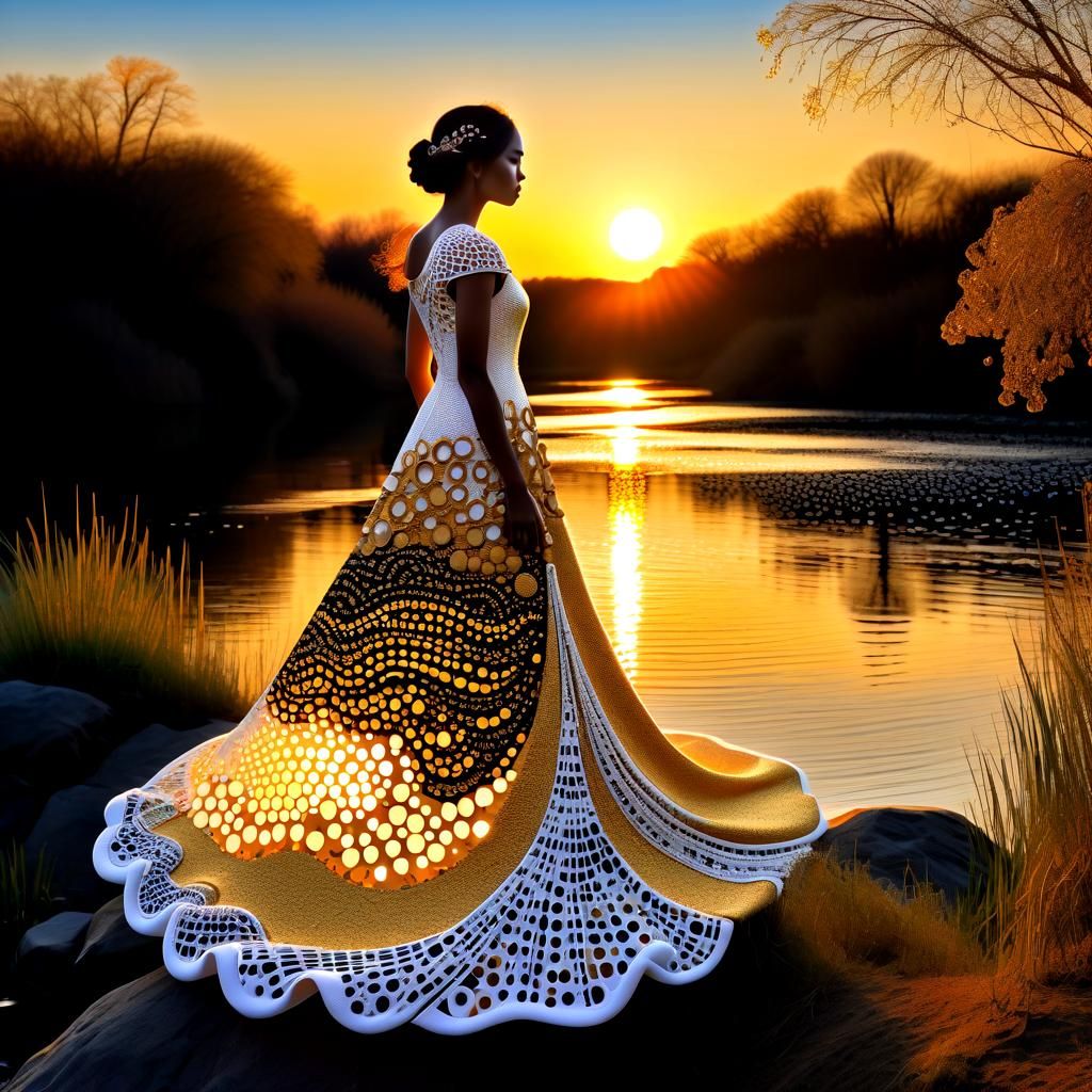 Dot by dot cubic Pointalism FOAM ART ZENTANGLE ART :: Pointalism art of  A Woman in a flowing blowing Foam dress standing by the river side,...