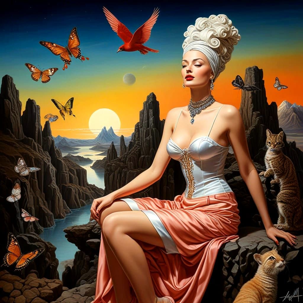 Surrealistic Portrait of a Happy Lady in Whimsical Surroundi...