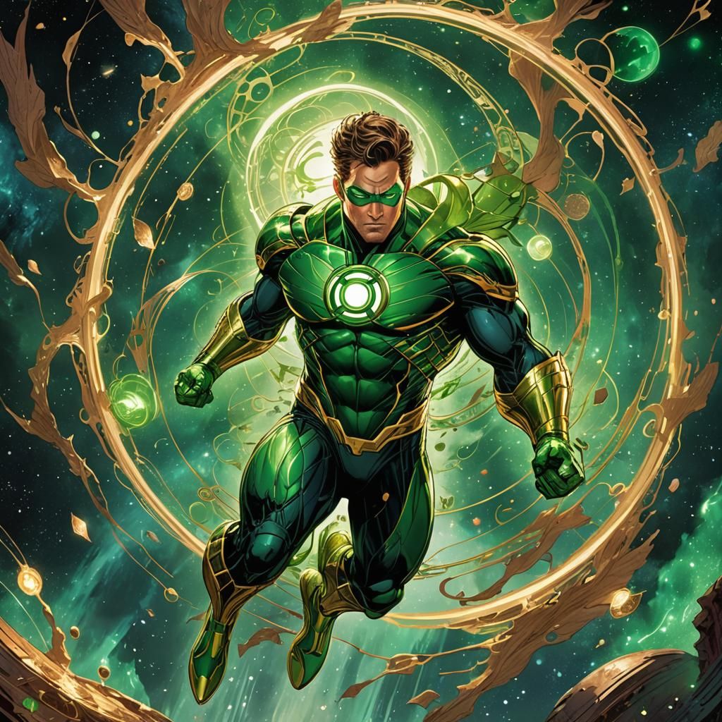 Green Lantern flying through space, luminous colors, golden outlines ...