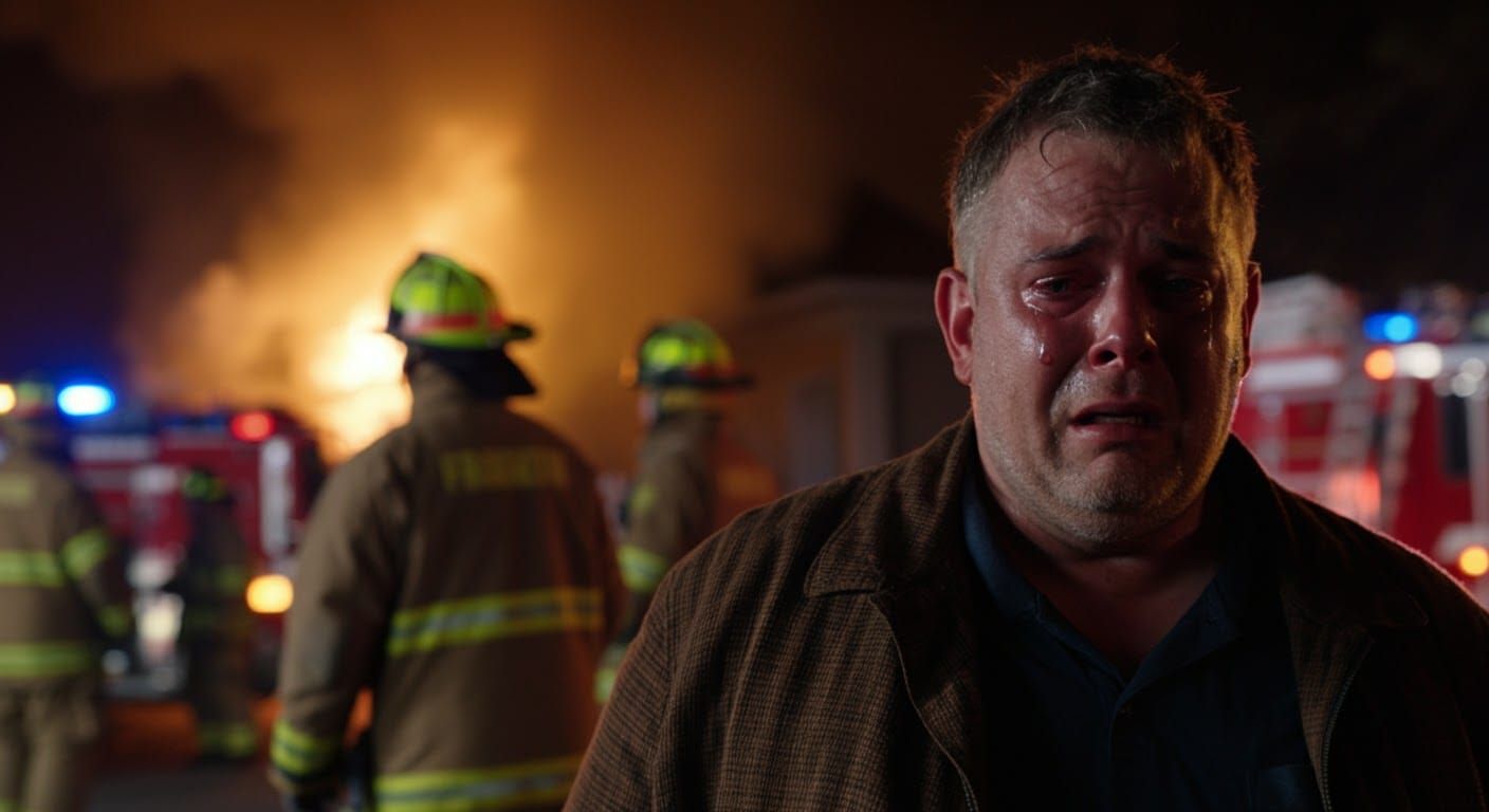A wide-angle, cinematic shot of a distraught middle-aged man with a heavy build, standing in the foreground at night. He's illuminated by th...