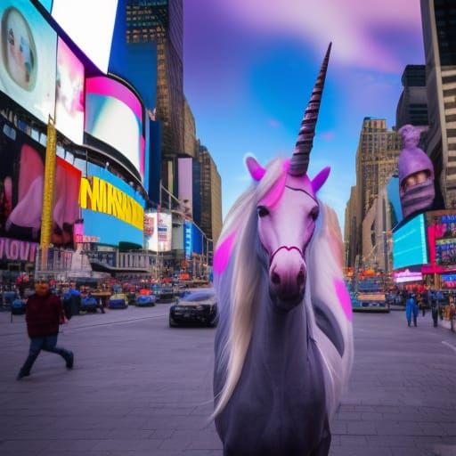 hyper realistic unicorn in times square