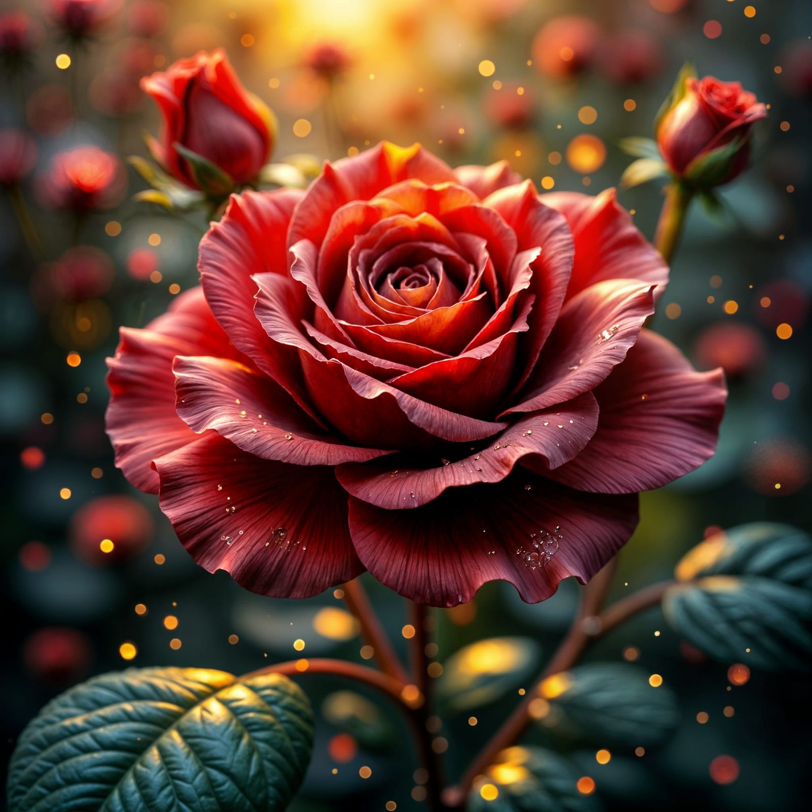 <lora:Floral Clarity:1.0> A delicate, velvety red rose, meticulously detailed in 8k resolution, poised as the centerpiece of a resplendent s...