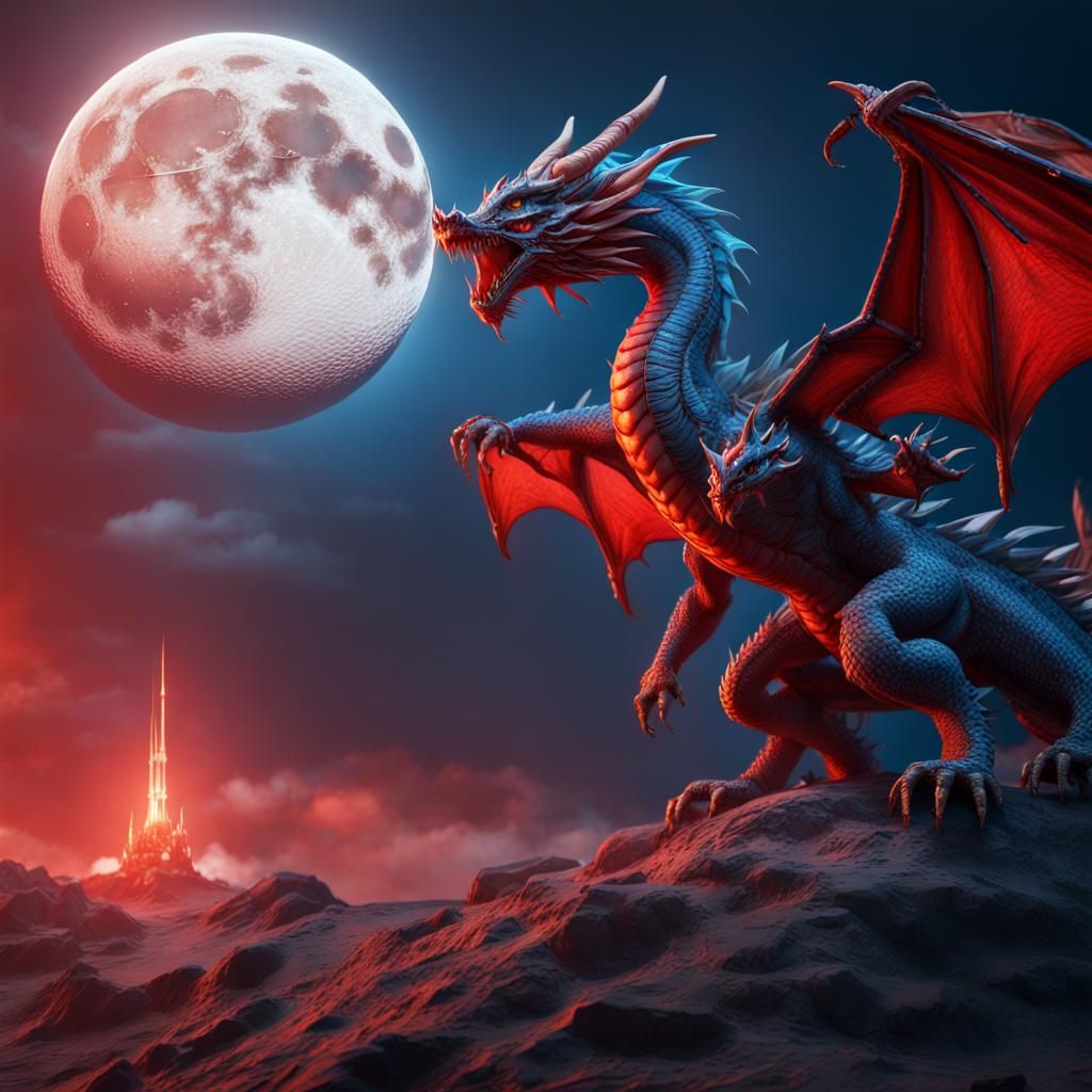 red and blue dragon on the moon