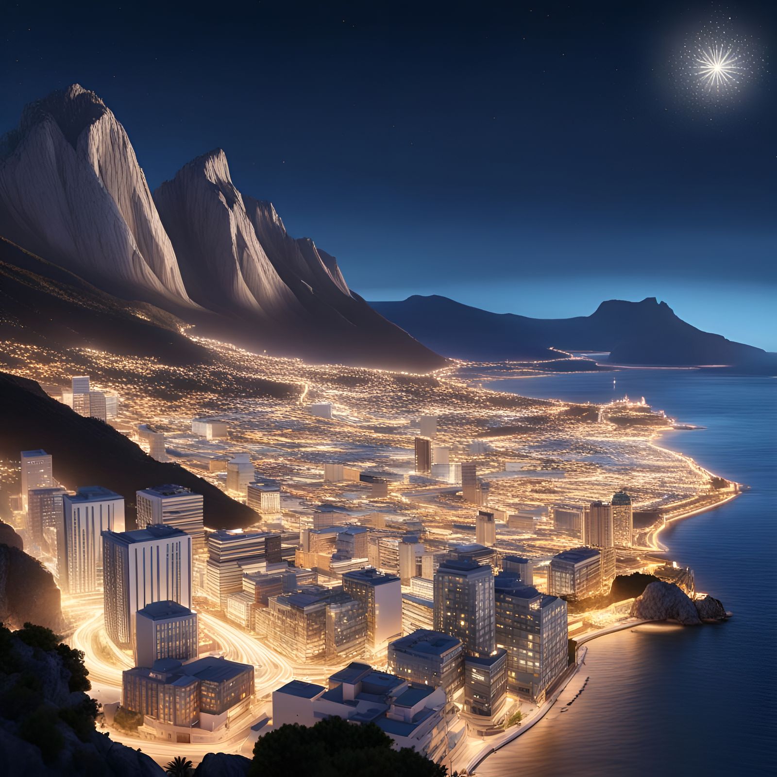 Render a night-time scene of Gibraltar, highlighting the gen...