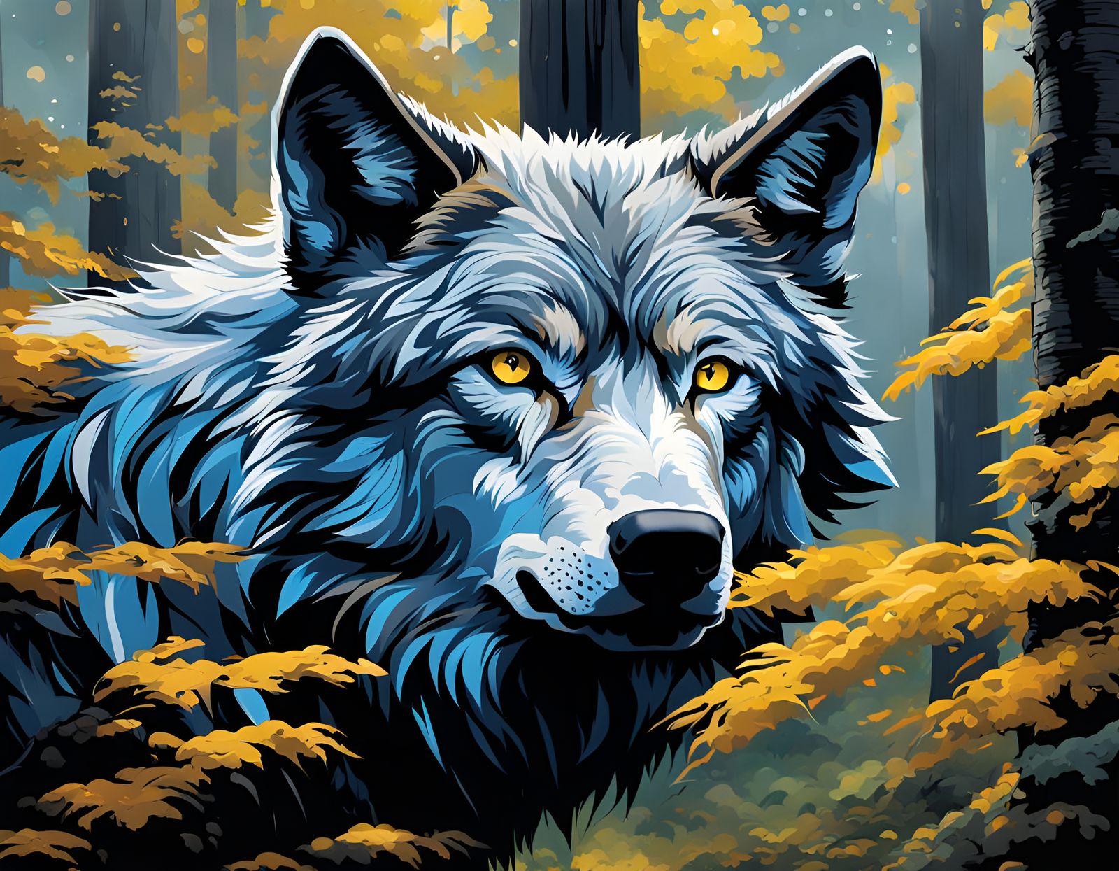 Silver gray Wolf In gold forest