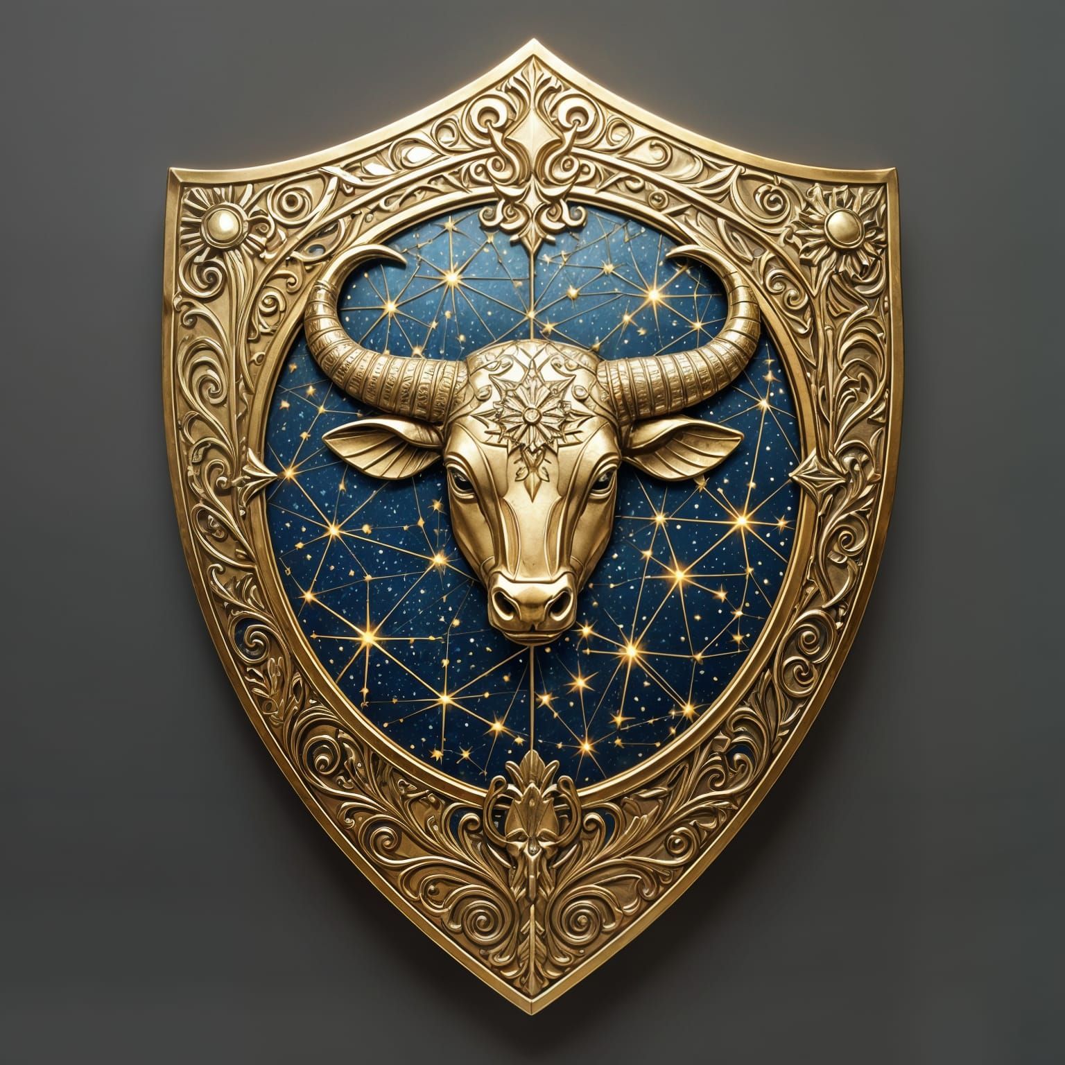 the constellation of taurus embossed upon a gold and silver kite shield