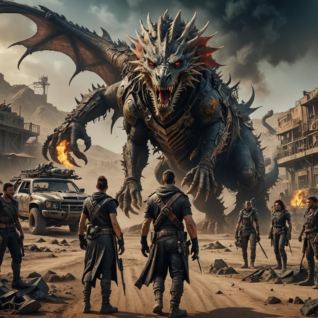 Mad max style post-apocalytic characters with a dragon