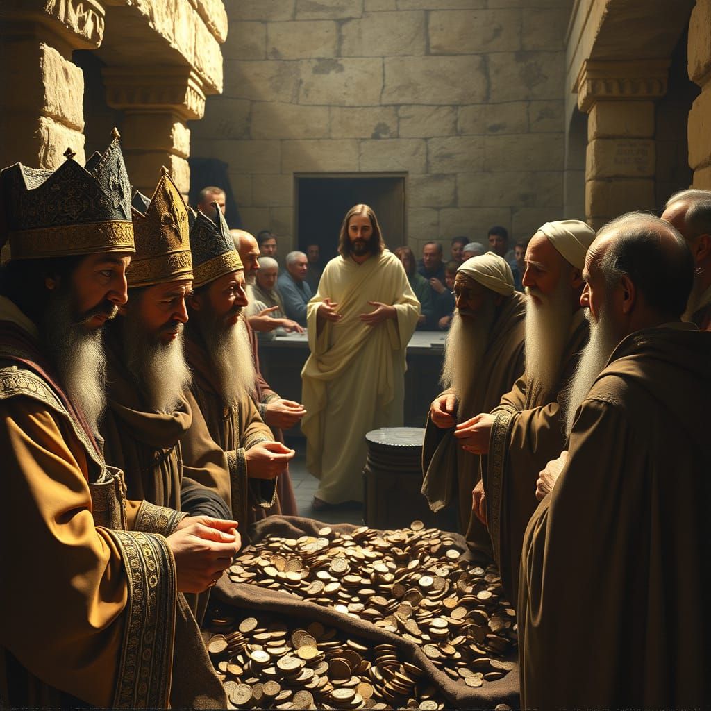 Pharisees & Sadducees in religious robes, faces proud and self-righteous, counting coins, seeking public praise  by @Lyra Valkyrie