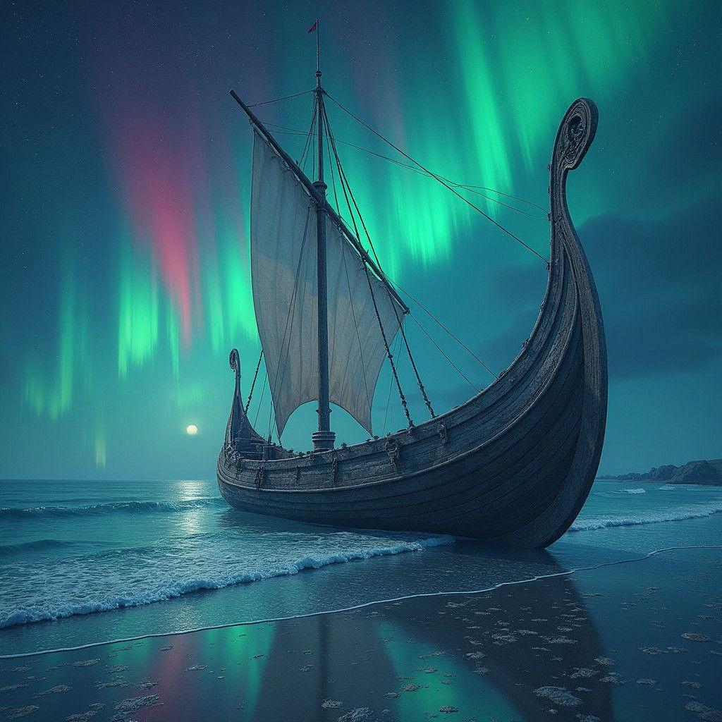 the larger  Viking boat on the  beach with the aurora in the sky 
  by @Gary 