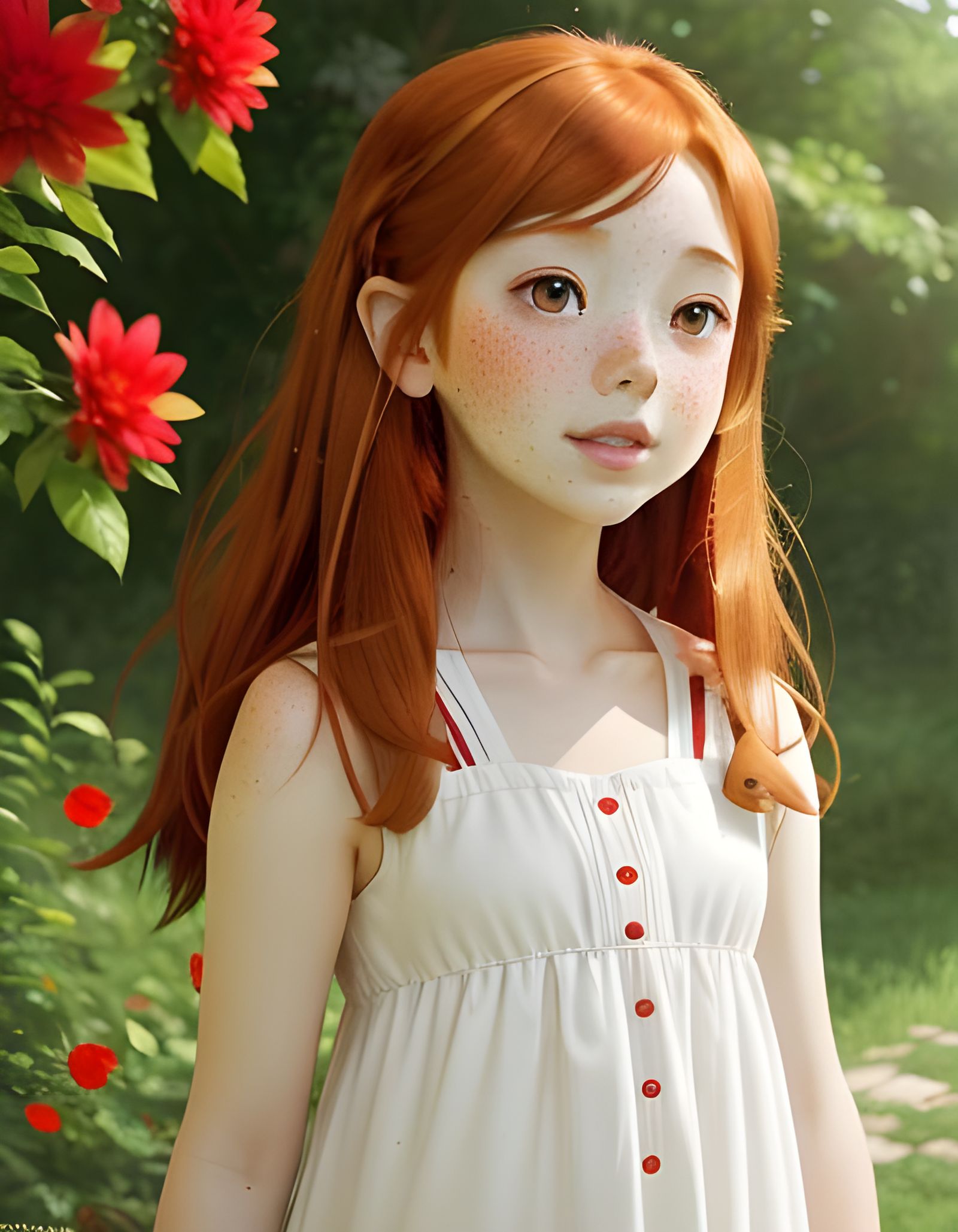 Auburn-Haired Girl Picking Flowers in Anime Style