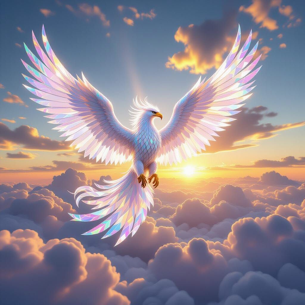 A colossal, majestic griffin, intricately formed from shimmering white and rainbow diamond facets, soars through a sky ...