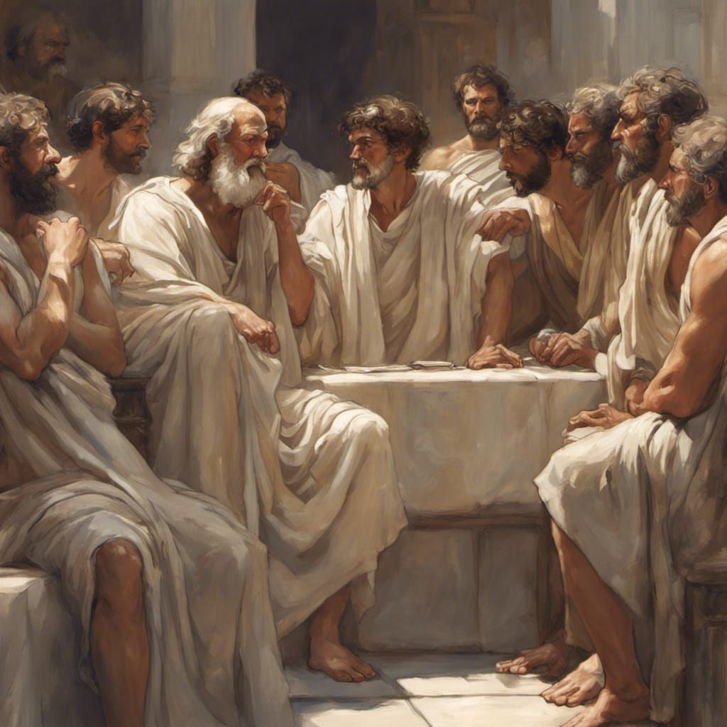 Socrates speaking to a group of men