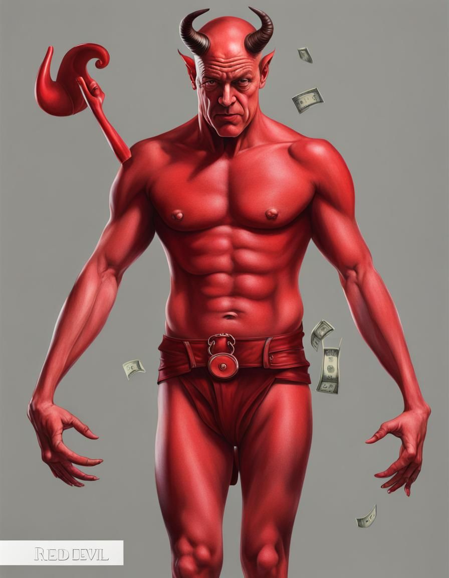 Red devil, photorealistic, whole body, money on hands, bald,...
