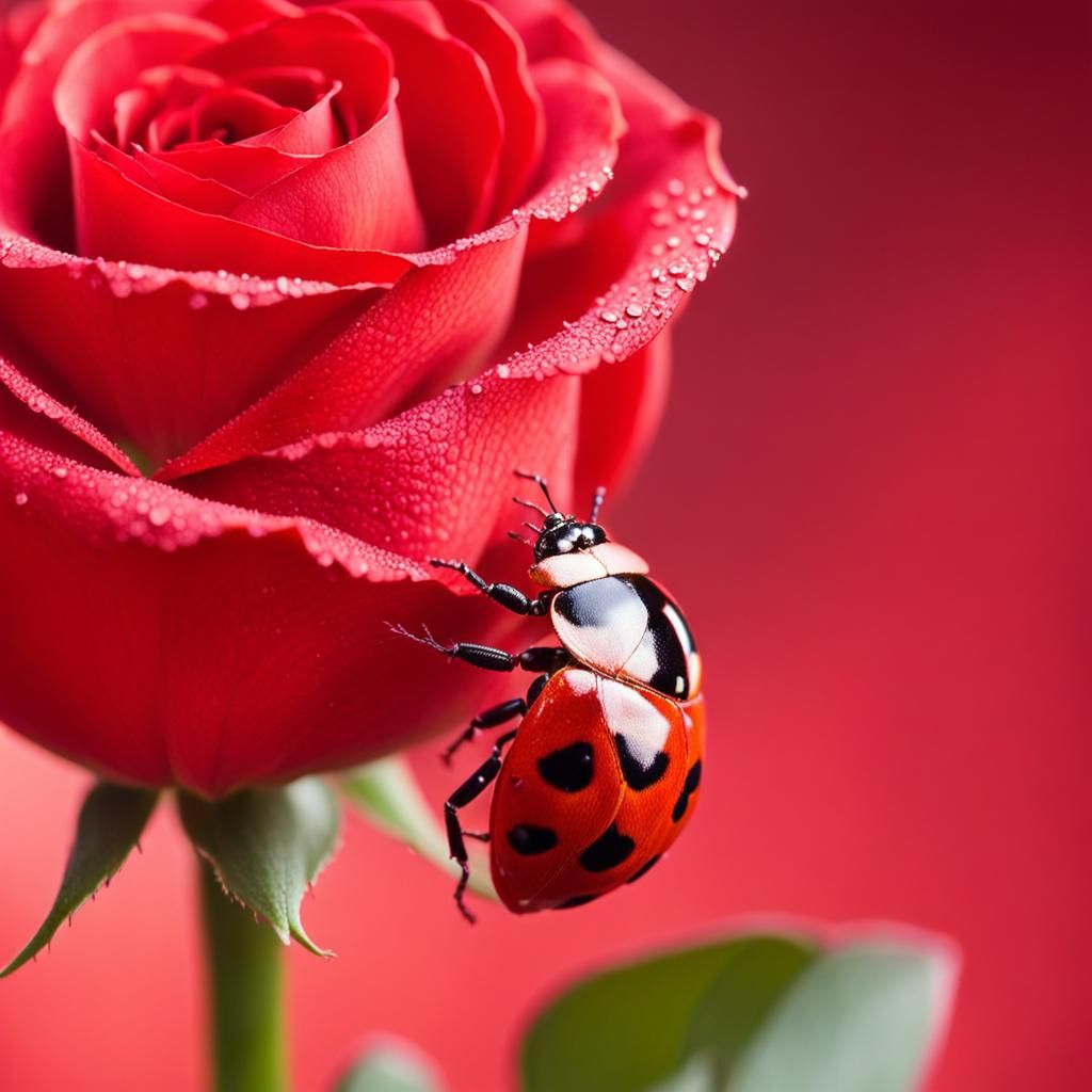Close up view of a detailed ladybug on a red rose, reddish b...