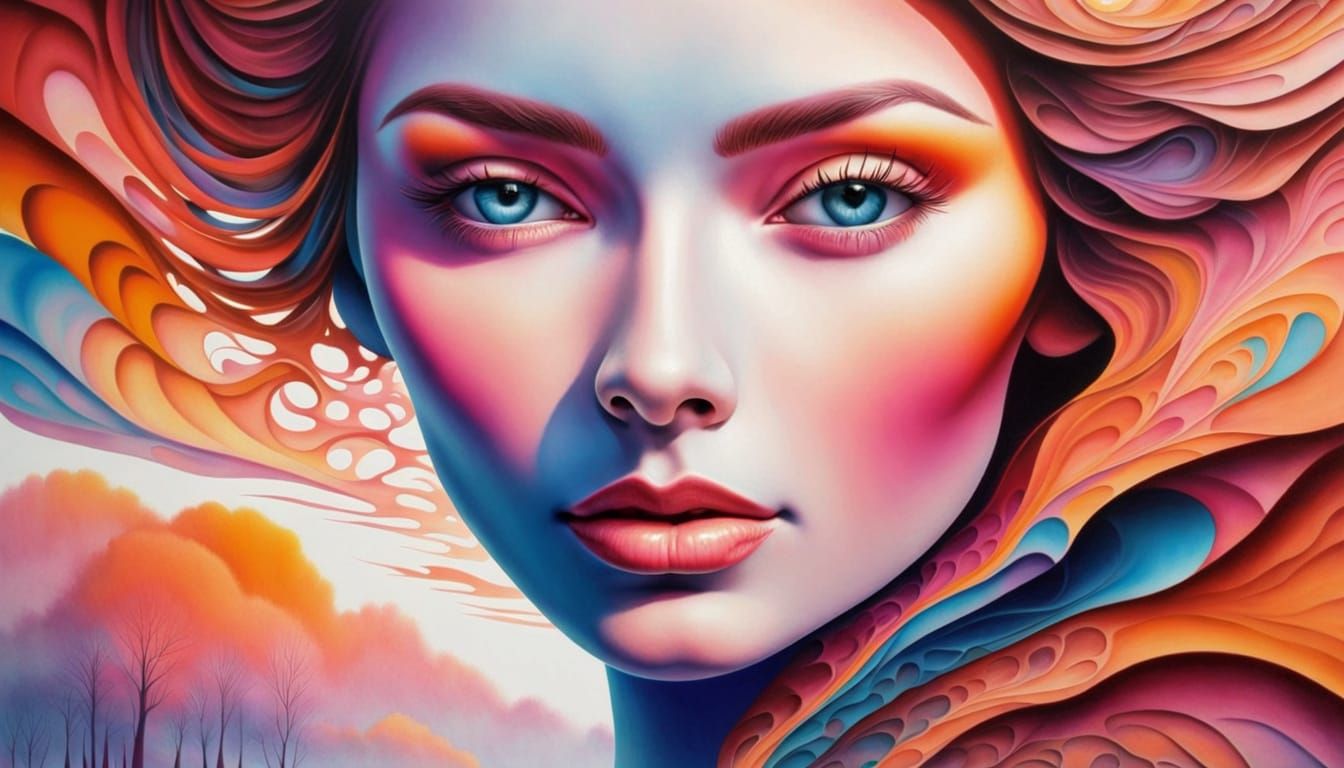 surreal portrait of a woman whose face is subtly melting into a vibrant, abstract pattern. The smooth, dreamlike shading and soft edges are ...