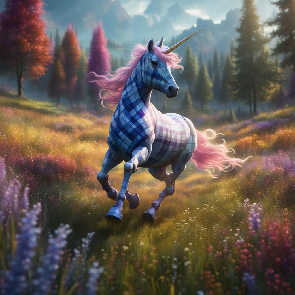 Unicorn (McLeod plaid colored) running across meadow
