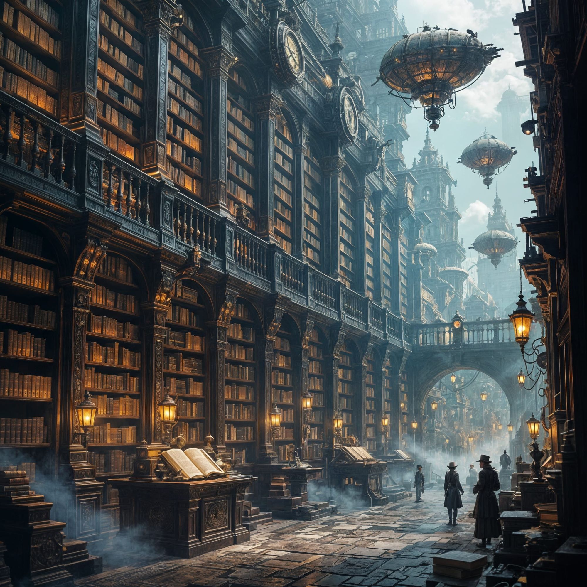 A solitary, ancient library, its shelves overflowing with glowing tomes, stands at the heart of a bustling steampunk metropolis. Gears and c...