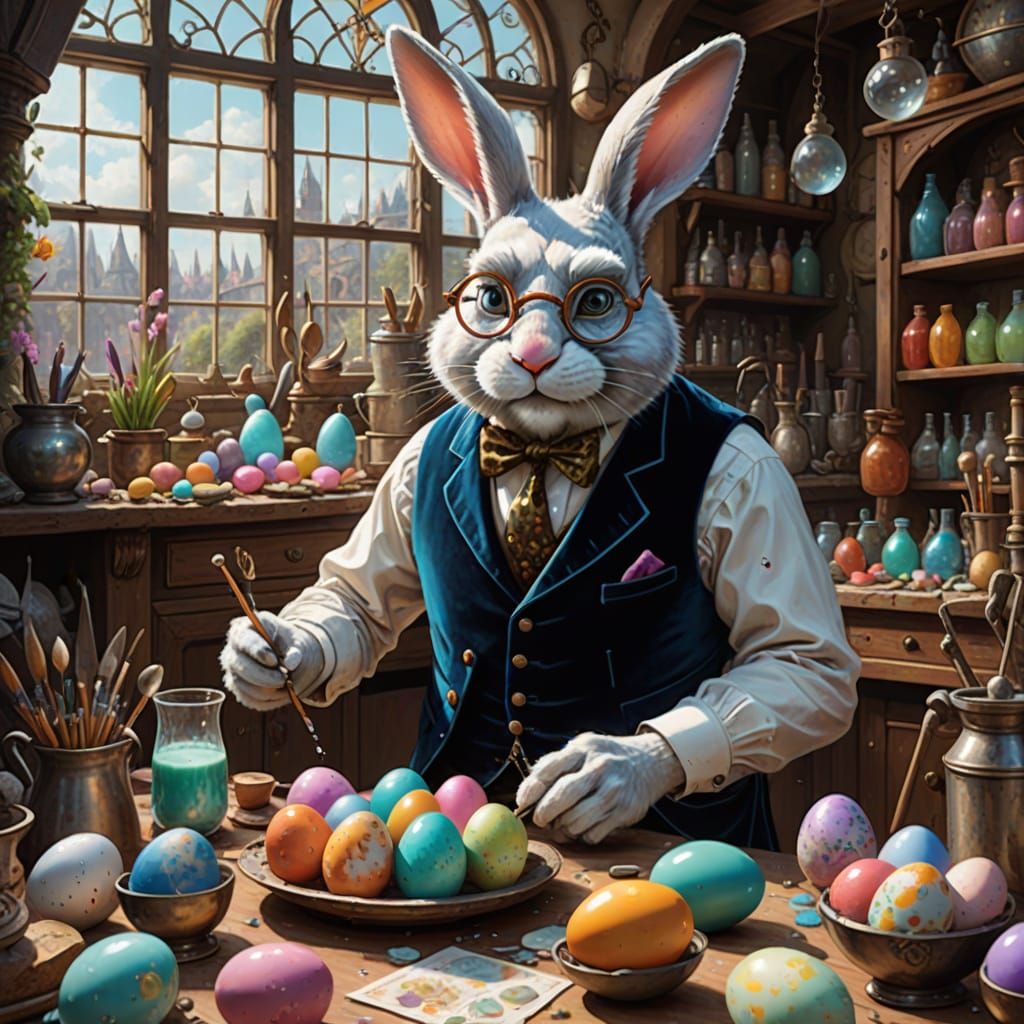 A whimsical Easter Bunny, clad in a velvet waistcoat and sporting spectacles, meticulously paints eggs ...  by @Observer1