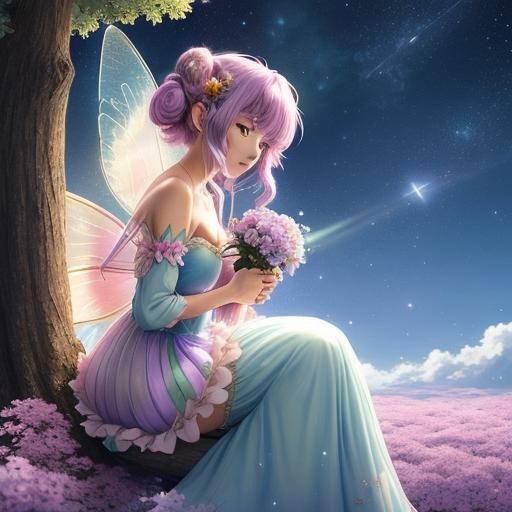 a lovely (anime fairy lady:2)  sitting on a branch,wearing a...