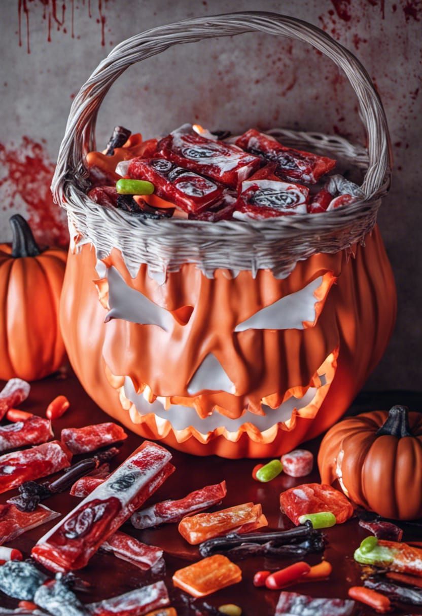Halloween candy in basket razor blades blood gory fingers poison eerie