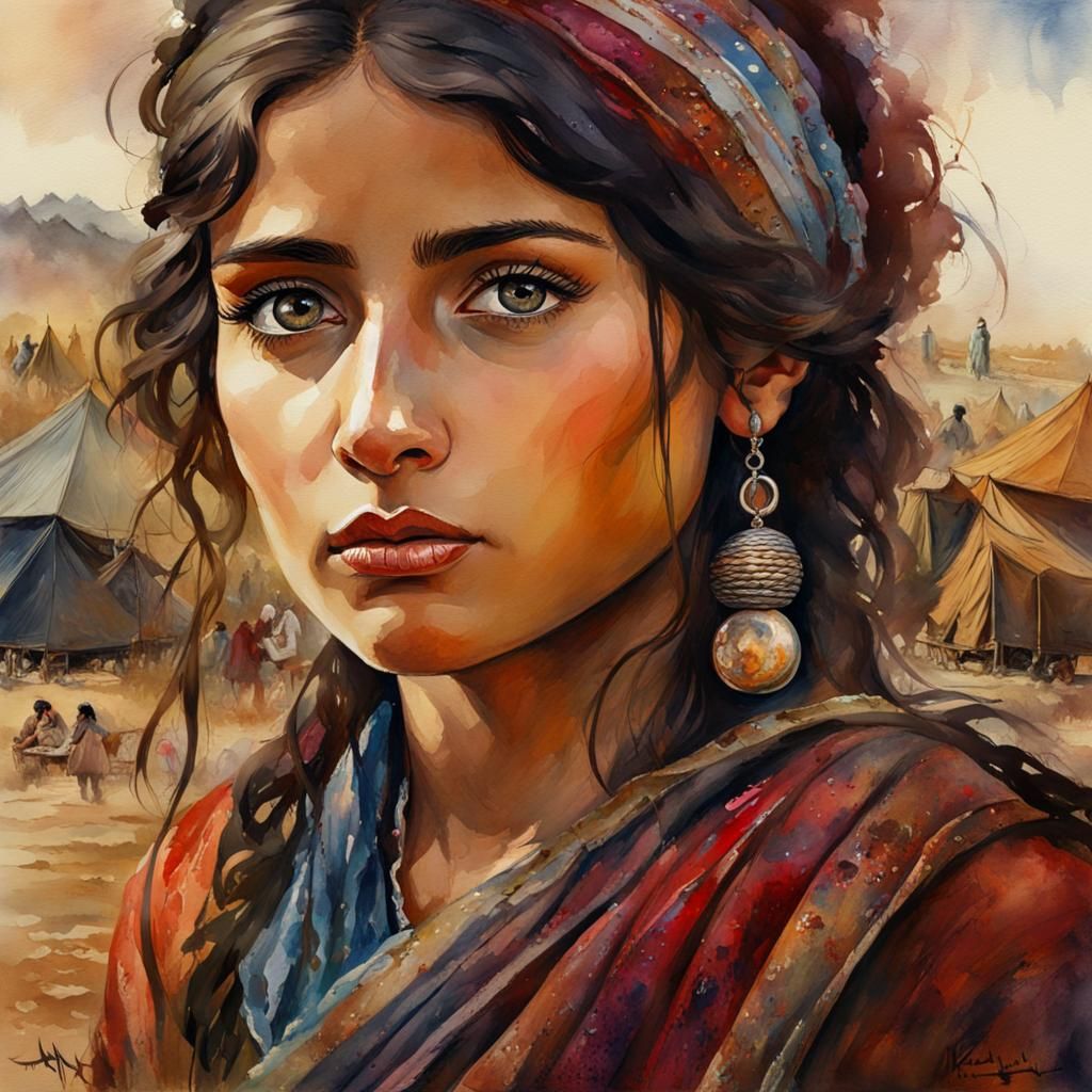 Digital art, fantasy, a watercolour portrait of a pretty young gipsy ...