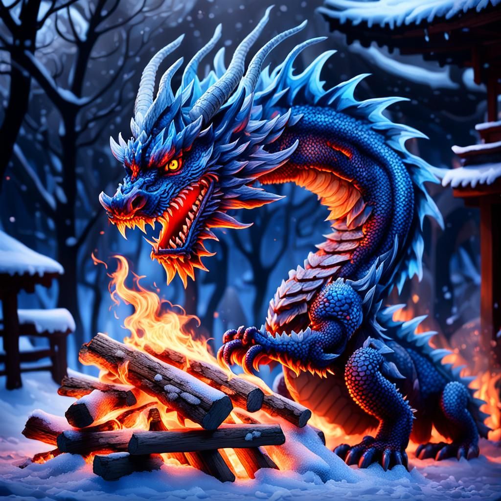 Blue Dragon in Icy Landscape, Surrealist Style