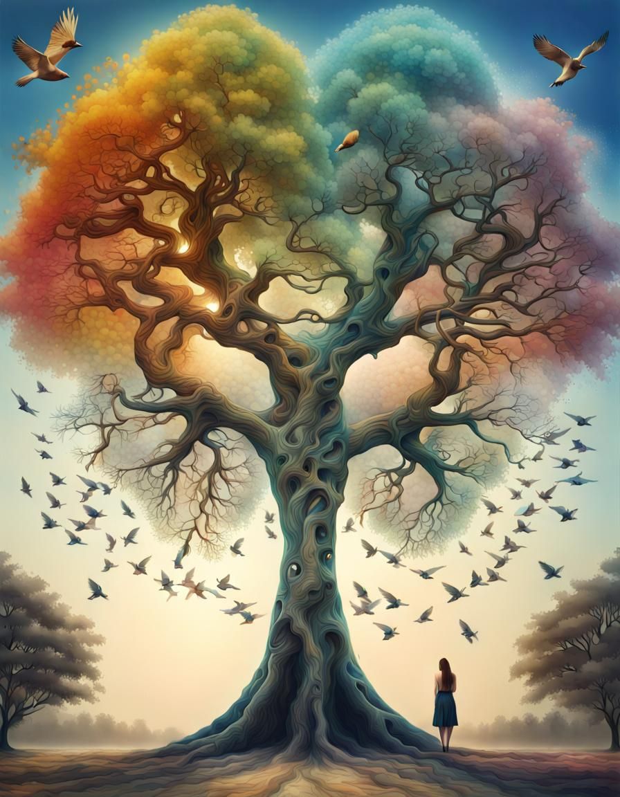 "Giant_complex_colorful_Tree, beautiful_birds_fly_around"
