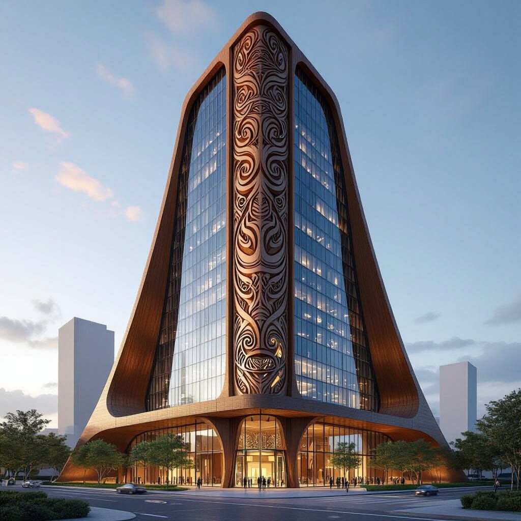 Traditional Maori architecture but as a modern skyscraper 