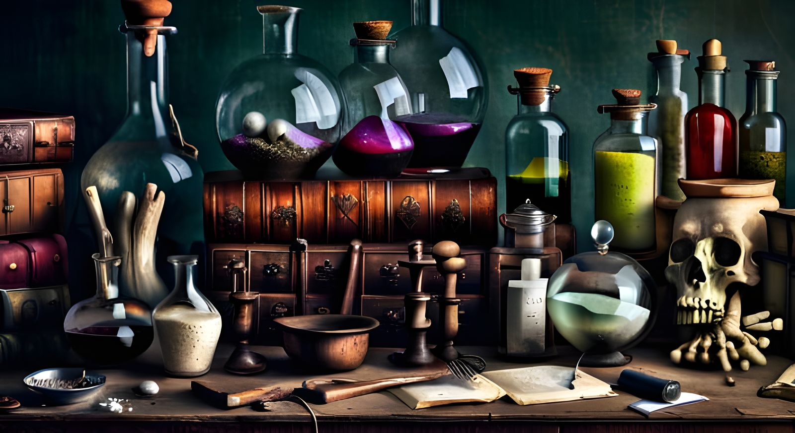 Creepy apothecary; jars; bottles; vials; test tubes; bubbling potions