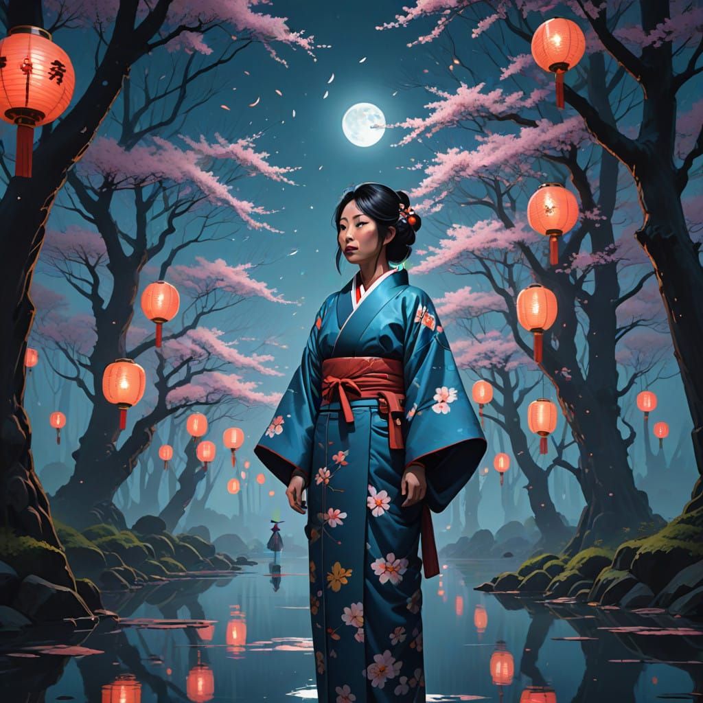 Ethereal Moonlit Goddess in Traditional Kimono