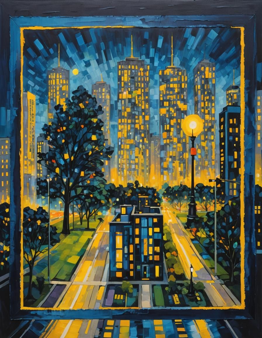 Vibrant, abstract painting featuring a city with skyscrapers...