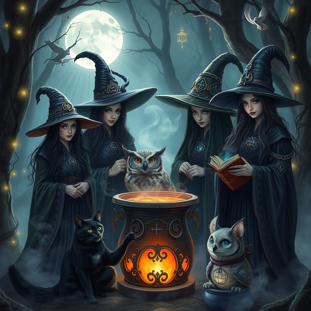 A gathering of whimsical witches in a moonlit forest