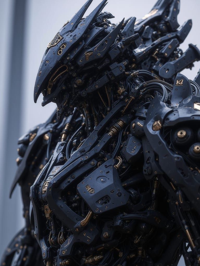 <lora:Predatory Mecha II:1.0> A black mecha combat robot with an extremely intricate and complex mechanical structure on its body, which exu...