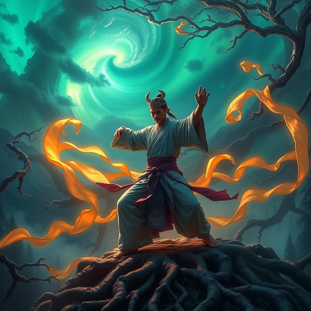 Mystical Tai Chi Warrior in Aurora Landscape