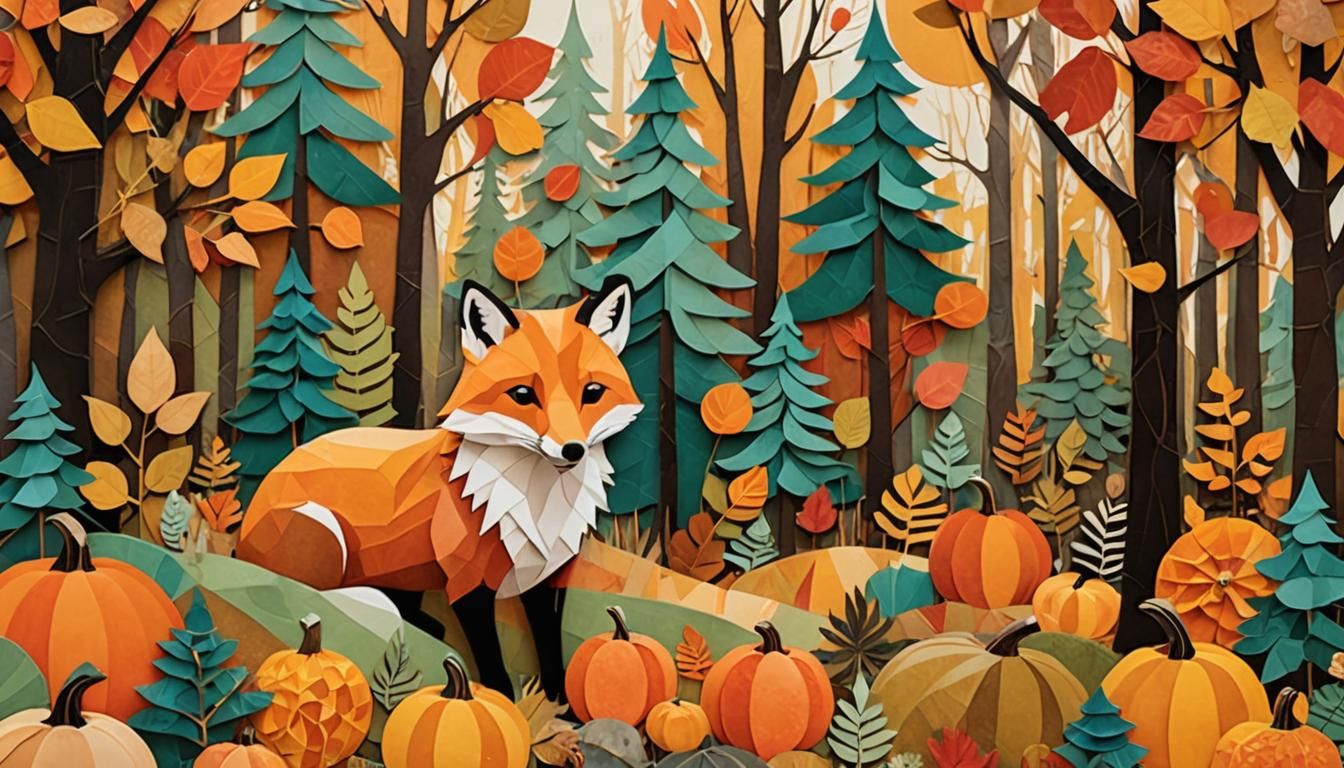 Fox and Pumpkins : Fall Paper Collage Art  by @moowokuorn