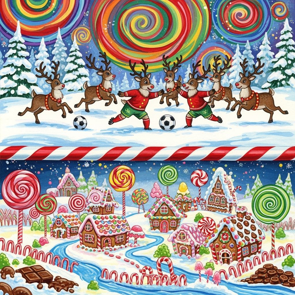 SANTA'S REINDEER PLAYING SOCCER AT THE NORTH POLE IN THE TOP HALF OF THE IMAGE
