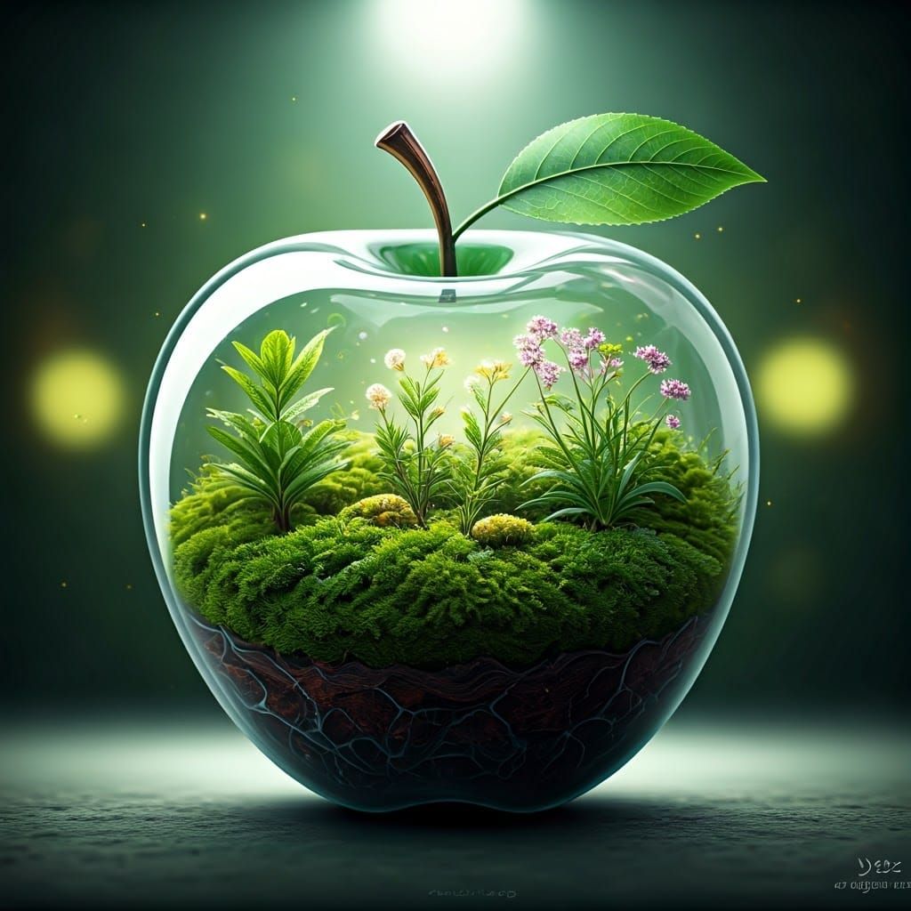 A luminous and transparent glass apple, a complex internal ecosystem, featuring miniature plants with ...  by @BINUSH